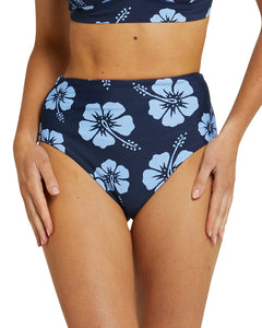 Womens - Swim Bottom - High Waist Bikini - Evergreen - Blue Navy Hibiscus
